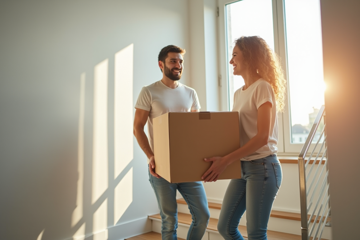 Jeune couple portant des cartons dans un appartement lumineux