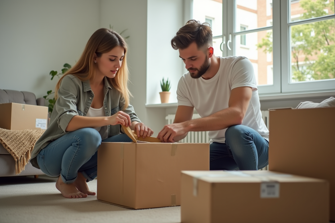 Jeune couple emballant des cartons dans un appartement lumineux