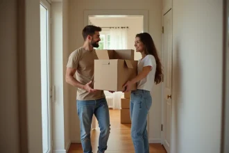 Jeune couple souriant levant une boîte dans leur nouvel appartement