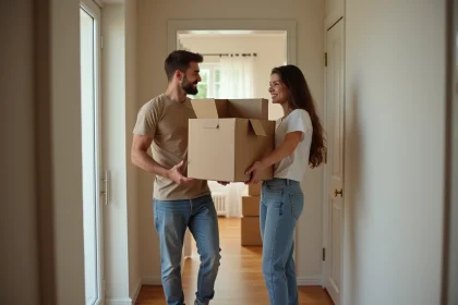 Jeune couple souriant levant une boîte dans leur nouvel appartement