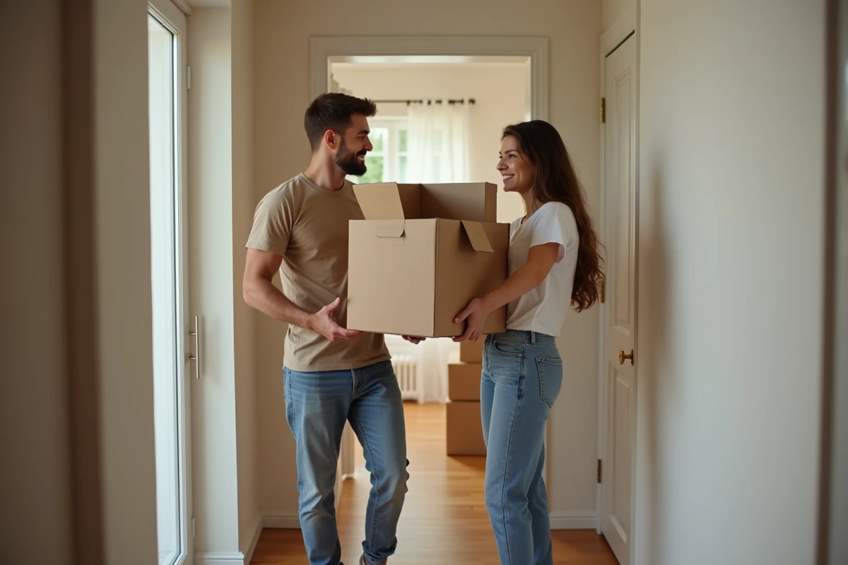 Jeune couple souriant levant une boîte dans leur nouvel appartement