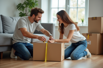 Jeune couple mesure un grand carton de déménagement