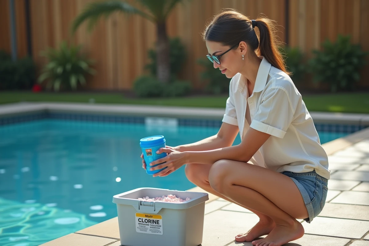 Jeune femme examinant des pastilles de chlore au bord de la piscine