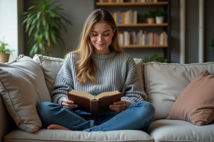 Jeune femme lisant dans un sous-sol chaleureux et cosy