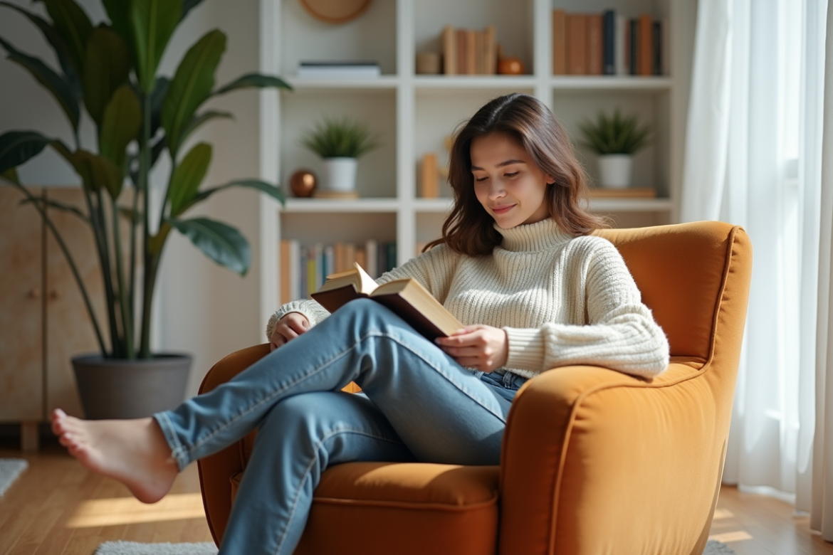 Jeune femme lisant dans un salon moderne et lumineux