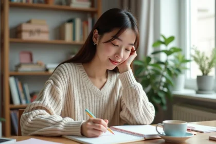 Jeune femme écrivant dans un planner dans un bureau cosy