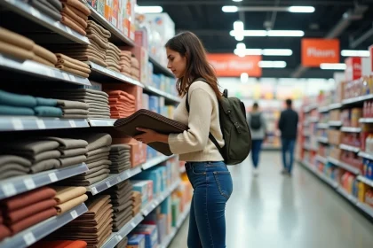 Jeune femme examine des tapis dans un supermarche lumineux