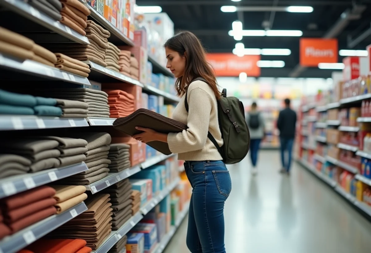 Jeune femme examine des tapis dans un supermarche lumineux