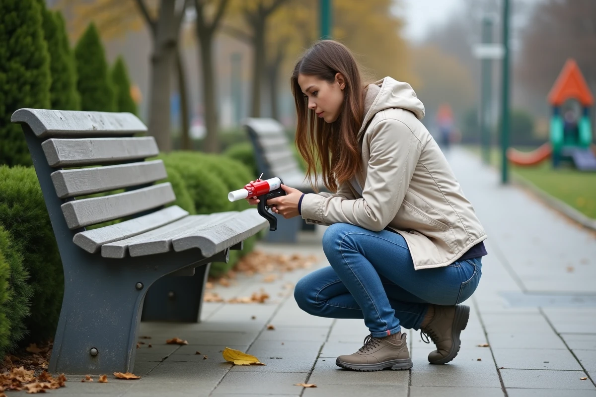 Jeune femme réparant un banc en métal dans un parc urbain