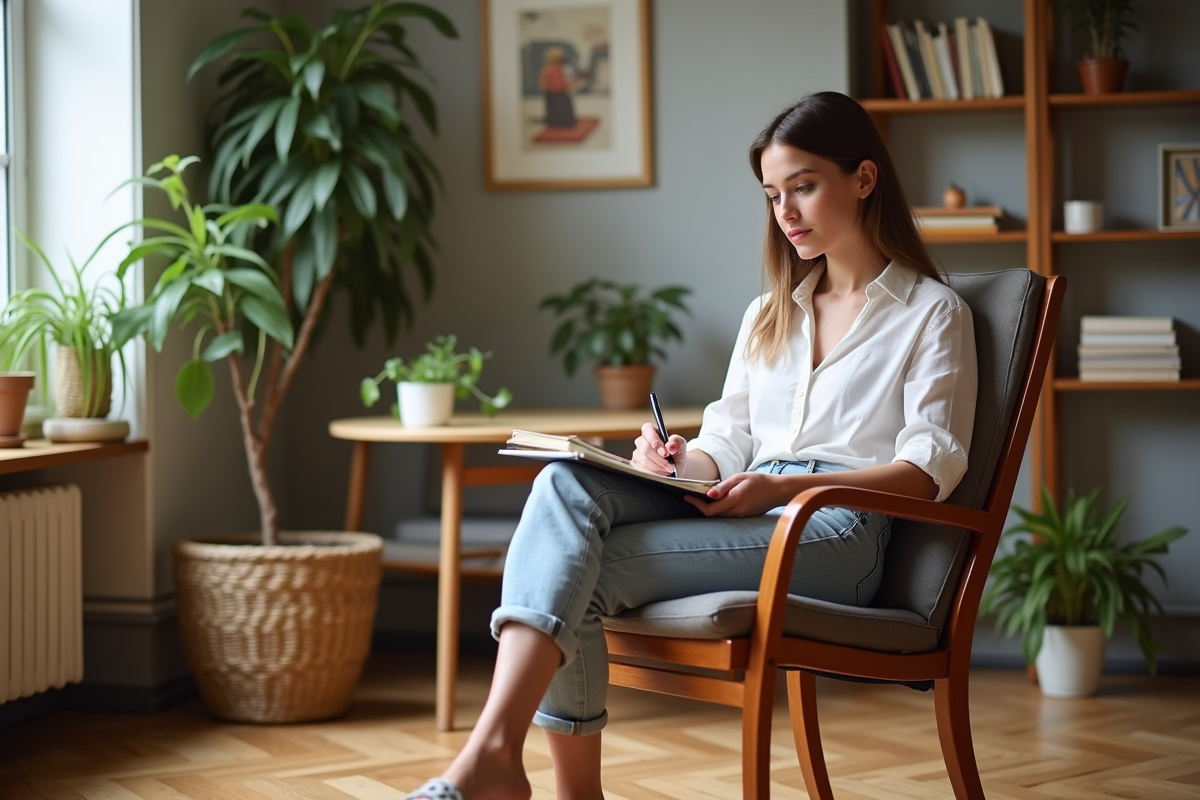 Jeune femme assise dans un salon moderne avec une chaise Thonet