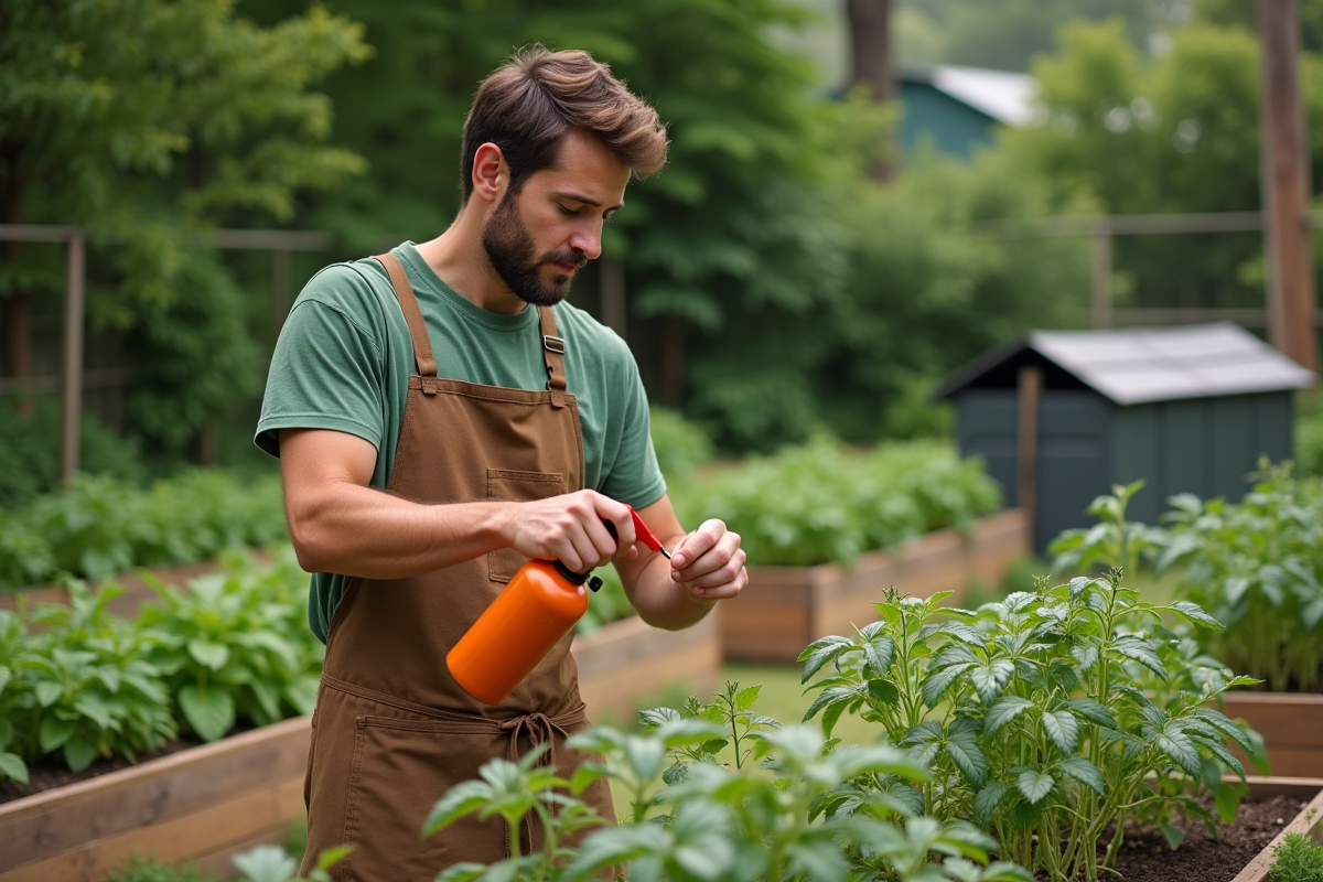 Jeune homme applique neem sur des tomates dans le jardin