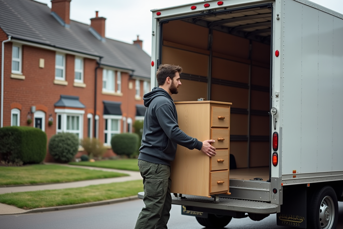 Jeune homme chargeant un meuble dans une camionnette