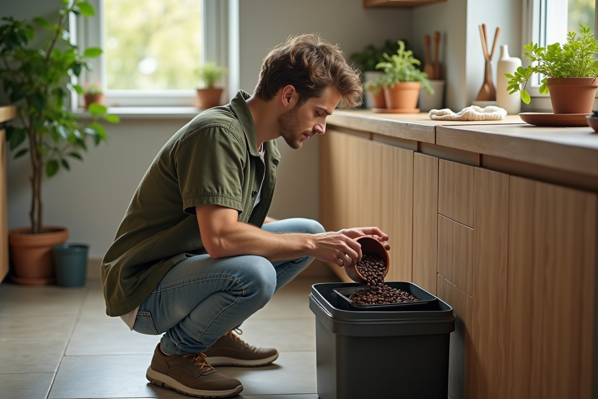 Jeune homme verse des grains de café dans un compost de cuisine