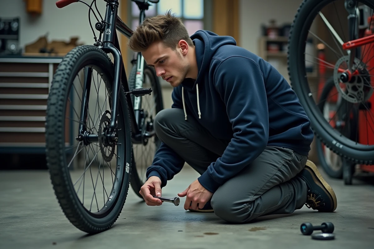 Jeune homme agenouillé dans un garage réparant un vélo avec une clé hexagonale, hésitant sur le sens de dévissage d'un boulon