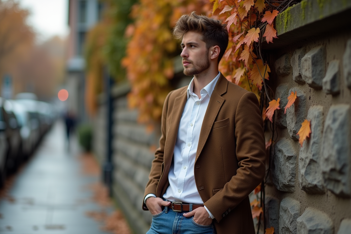 Jeune homme en blazer devant un mur de pierre avec de la vigne