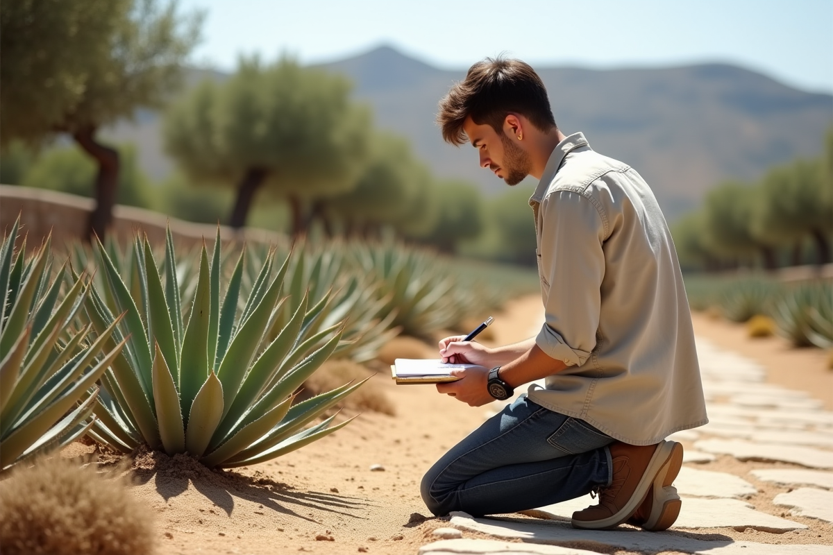 Jeune homme prenant des notes dans un jardin mediteranneen