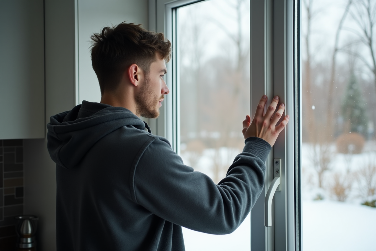 Jeune homme en veste montre comment ouvrir une fenetre