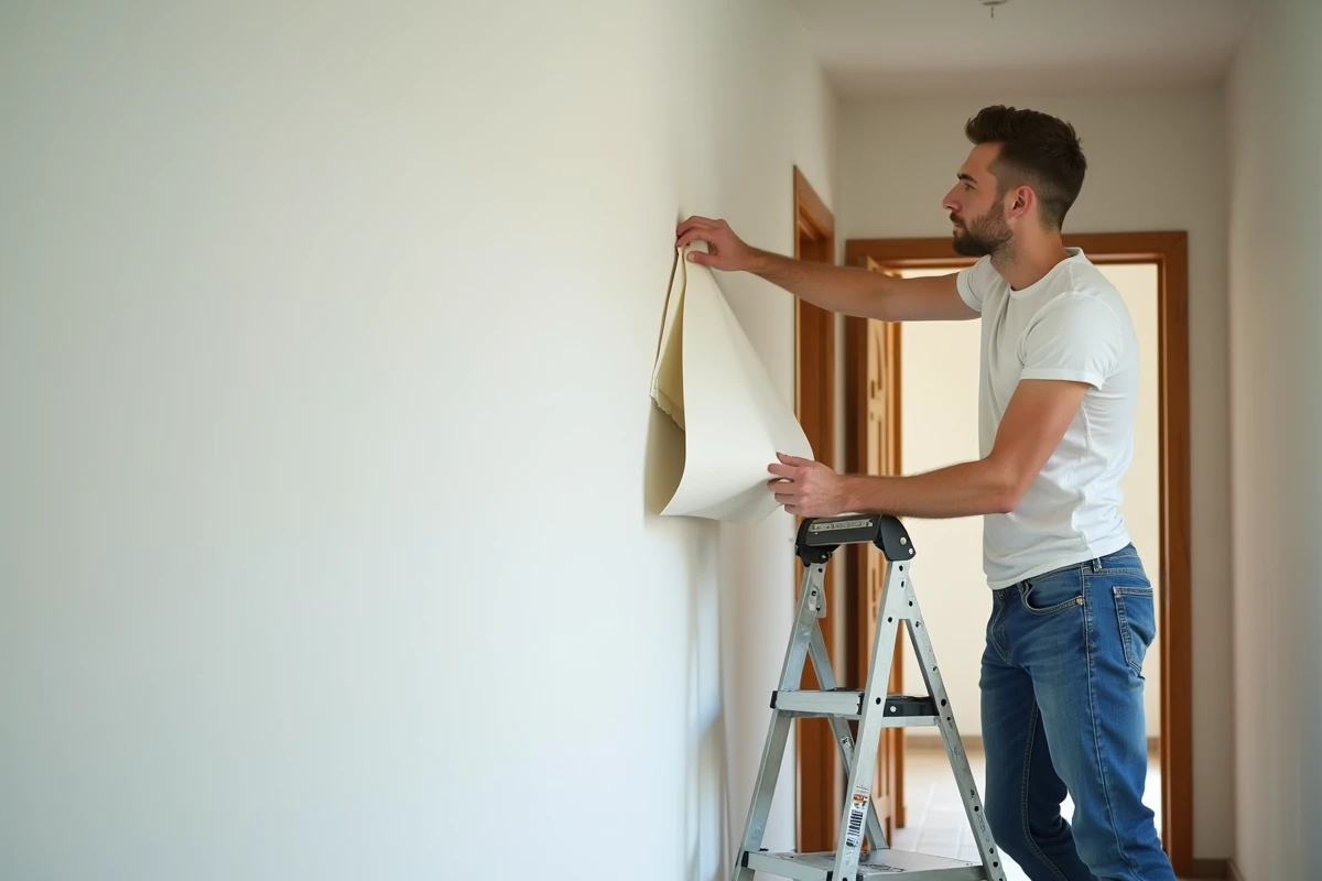 Jeune homme en escalier ajustant du papier peint dans un couloir
