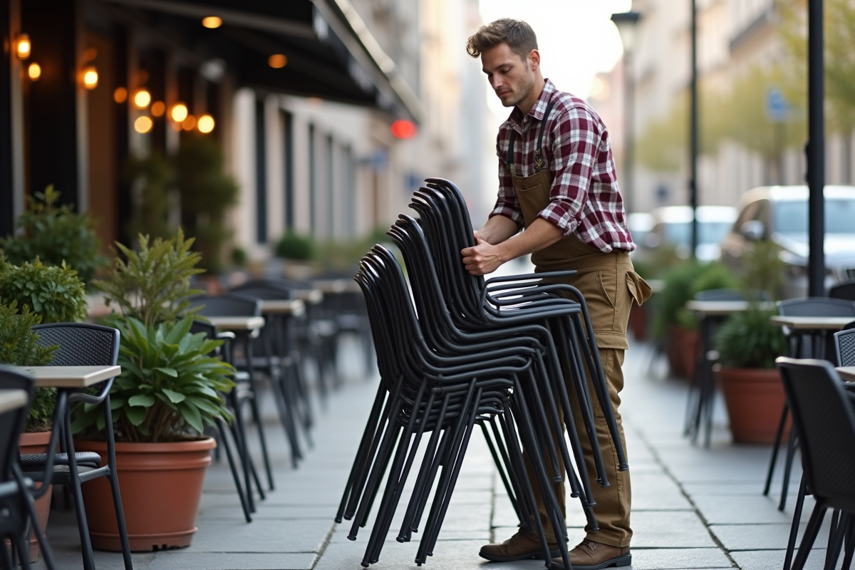 Jeune homme empilant des chaises en métal dans un café urbain