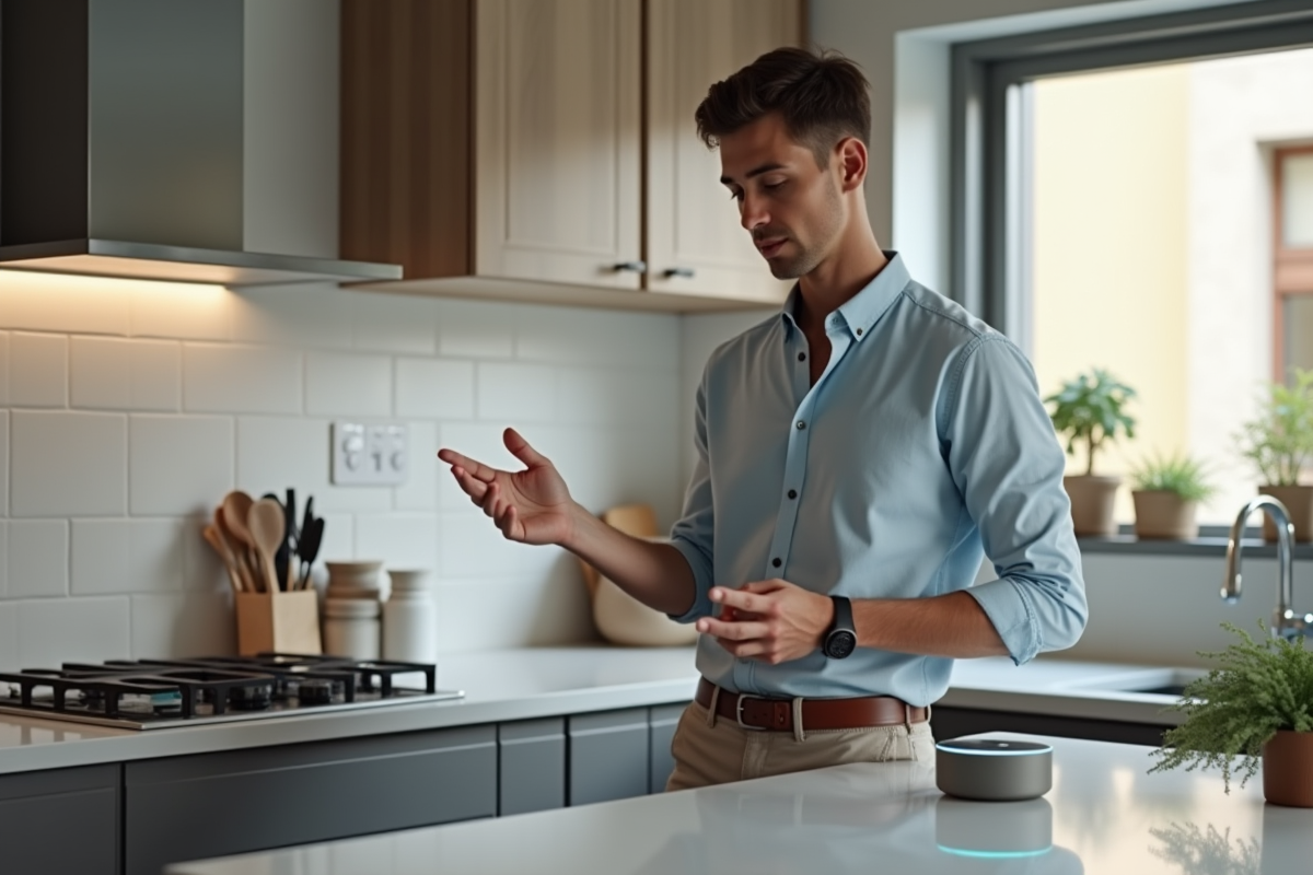 Jeune homme parlant à un assistant vocal dans une cuisine contemporaine