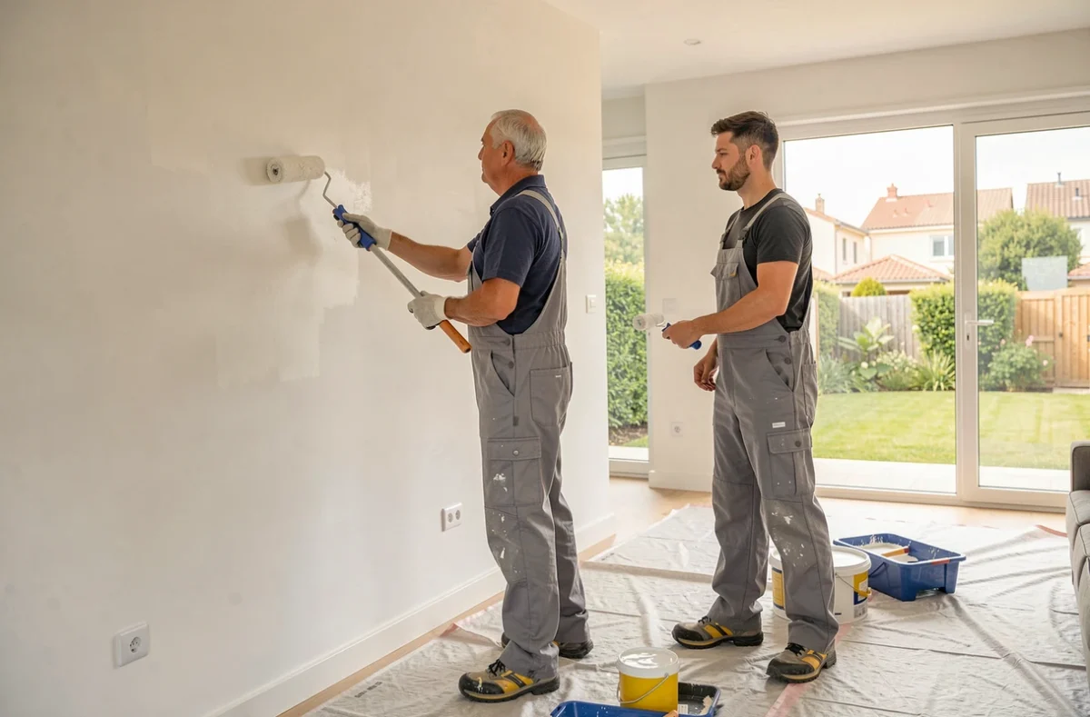 Duo père et fils peintres en bâtiment travaillant sur un chantier intérieur à Balma près de Toulouse pour JM-Maury et Fils