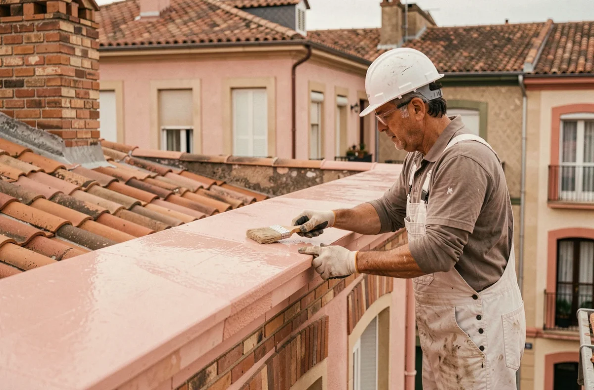 Spécialiste rénovation toiture et façade sur un immeuble en briques roses à Toulouse pour Joseph Lopez Rénovation Toiture Façade