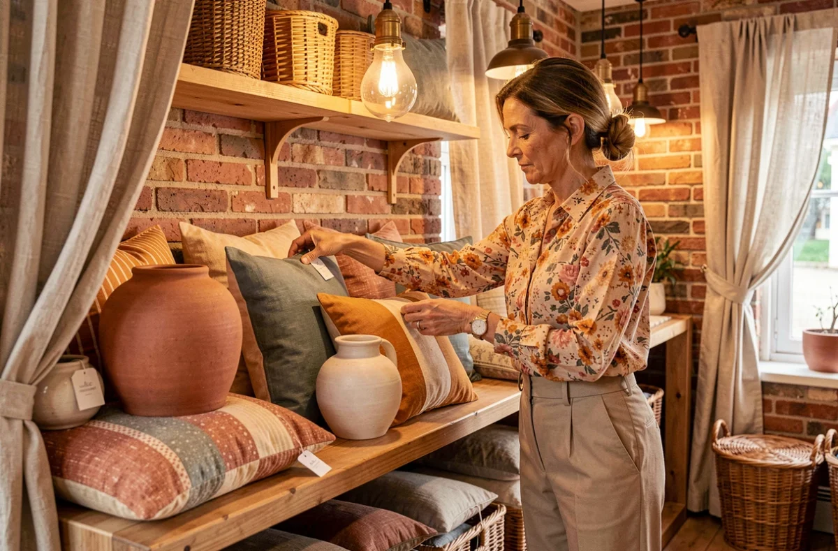 La Boutique de Marine-b en Finistère avec décoration artisanale, coussins, céramiques et étagères en bois vintage