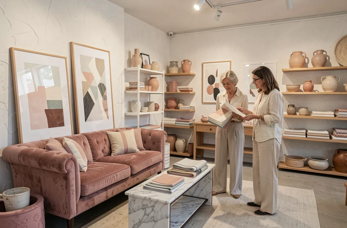Boutique La Maison 17 à Quimper avec décoration intérieure soignée, sofa en velours et céramiques régionales