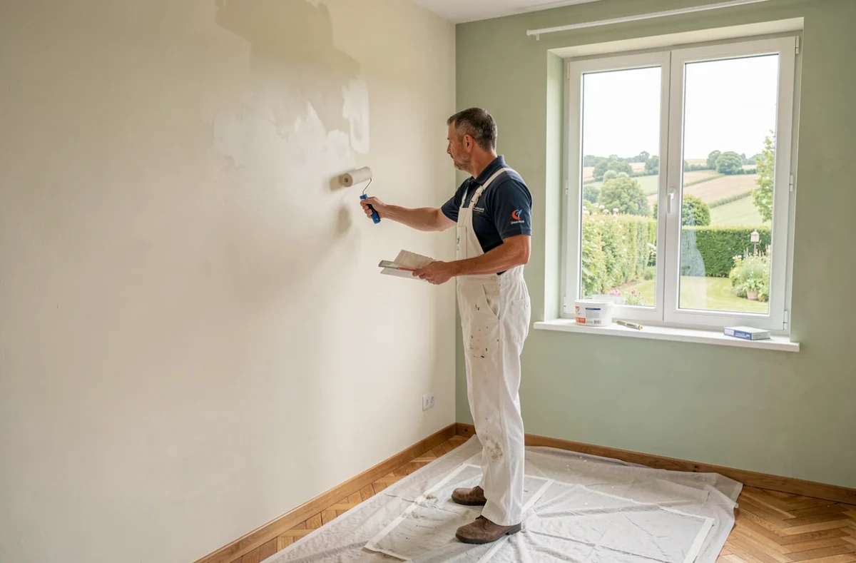 Peintre professionnel appliquant de la peinture satinée sur un mur intérieur dans une maison de Haute-Garonne pour Lacroix Peinture