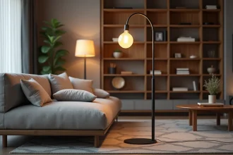 Lampe halogène sur pied à arc chromé placée à côté d'un canapé gris dans un salon moderne et chaleureux
