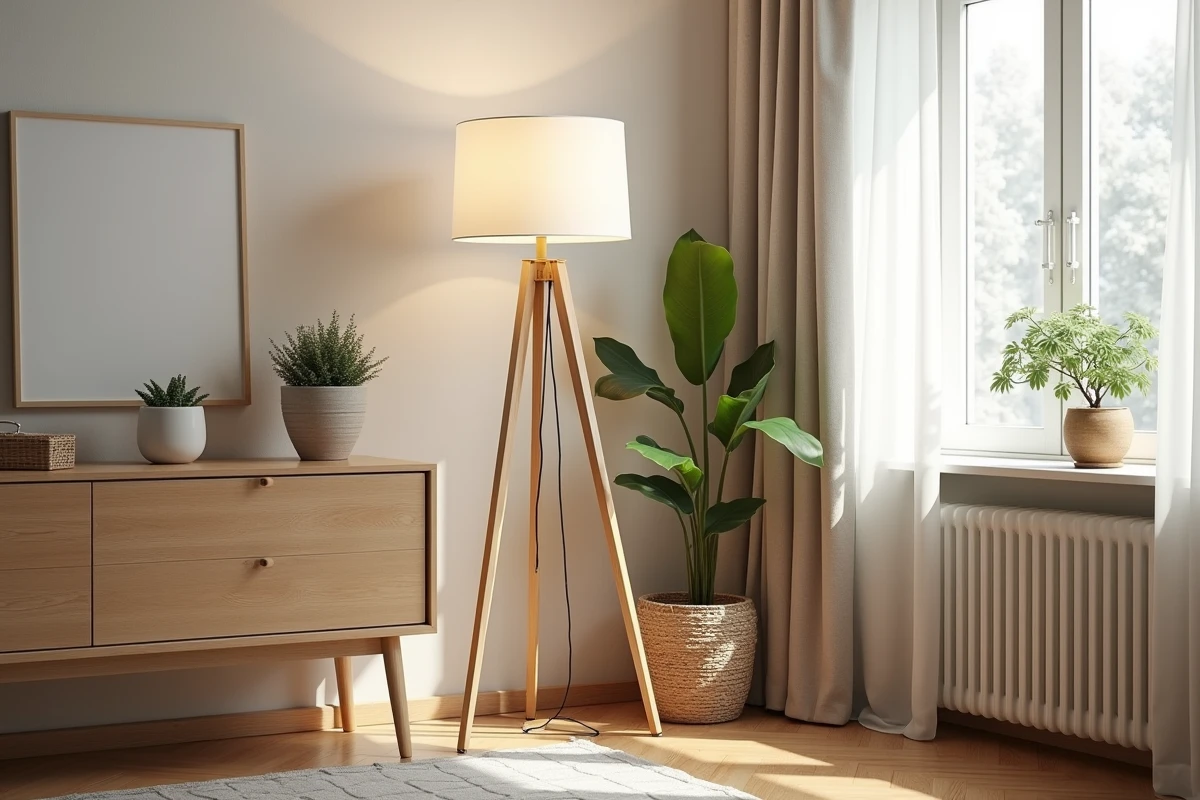 Lampe halogène sur pied trépied style scandinave dans un coin salon avec parquet en chevrons et plantes d'intérieur