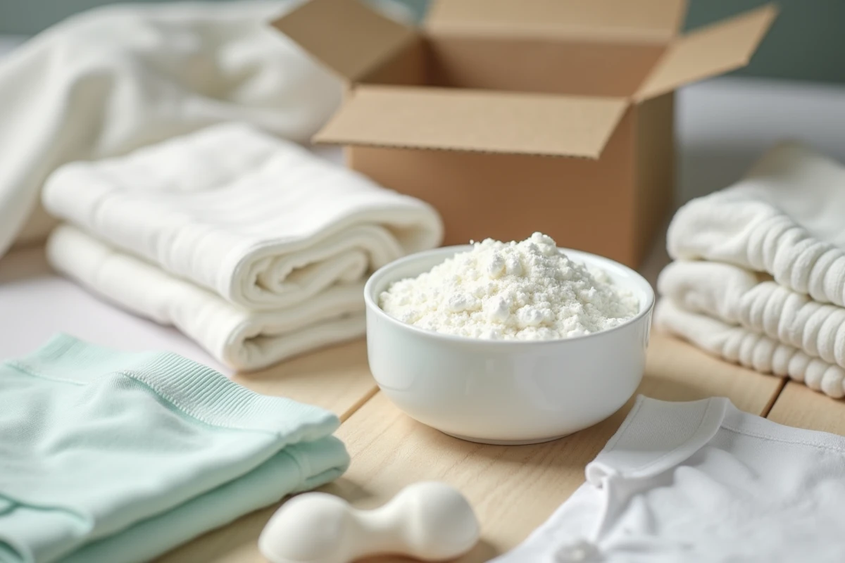 Gros plan sur de la lessive en poudre dans un bol en porcelaine entouré de petits vêtements de bébé pliés sur une surface en bois
