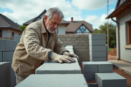 Maçon posant un parpaing sur un mur en construction lors de travaux de gros œuvre résidentiel