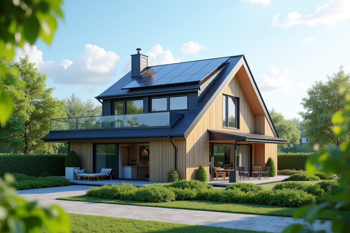 Maison moderne avec panneaux solaires et jardin verdoyant