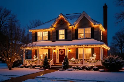 Maison de banlieue décorée de lumières de Noël synchronisées et de haut-parleurs extérieurs pour un spectacle son et lumière festif