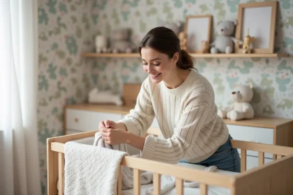 Maman souriante dans une nurserie scandinave douce