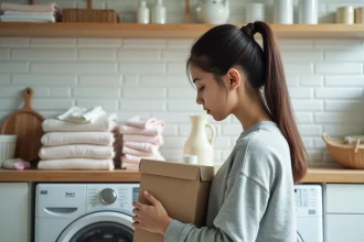 Jeune maman versant de la lessive en poudre dans le tambour d'un lave-linge avec des vêtements de bébé pliés à côté
