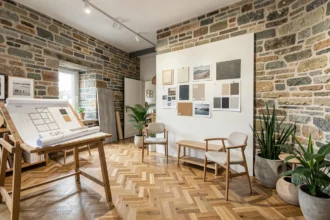 Showroom d'un studio d'architecture d'intérieur en Finistère avec murs en pierre, parquet en chêne et planches de tendances