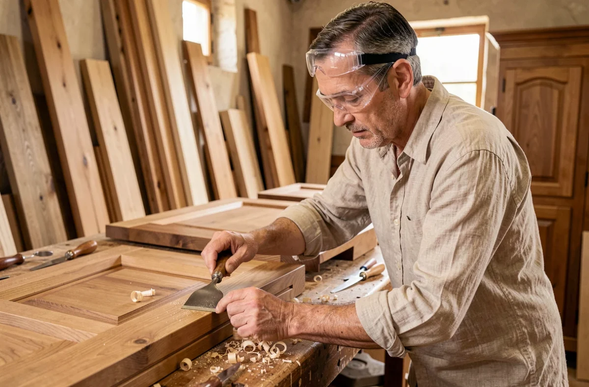 Artisan de Menuiserie & Ebenisterie Pedrero finissant une porte de cuisine sur mesure en Aveyron