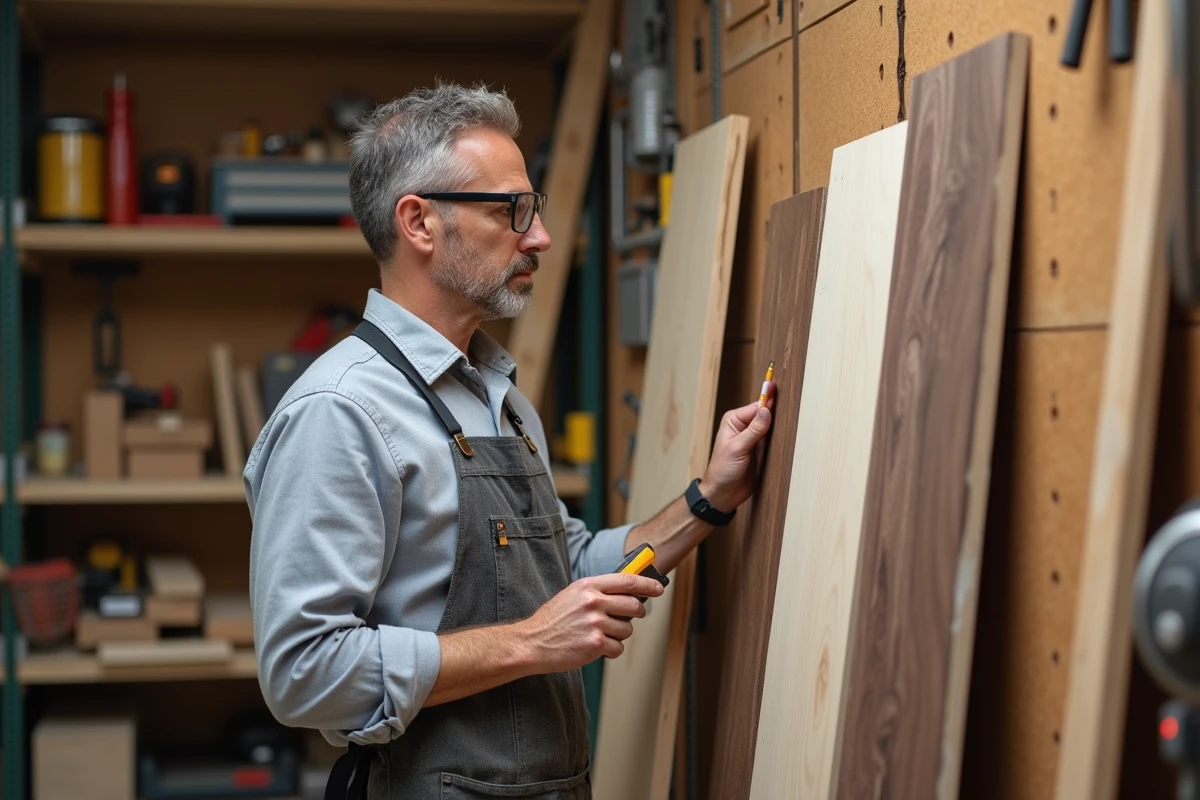 Menuisier professionnel comparant une planche en noyer massif et un panneau mélaminé gris dans un atelier de menuiserie équipé