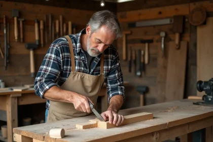 Menuisier expérimenté creusant une mortaise dans une planche en chêne avec un ciseau à bois dans un atelier traditionnel