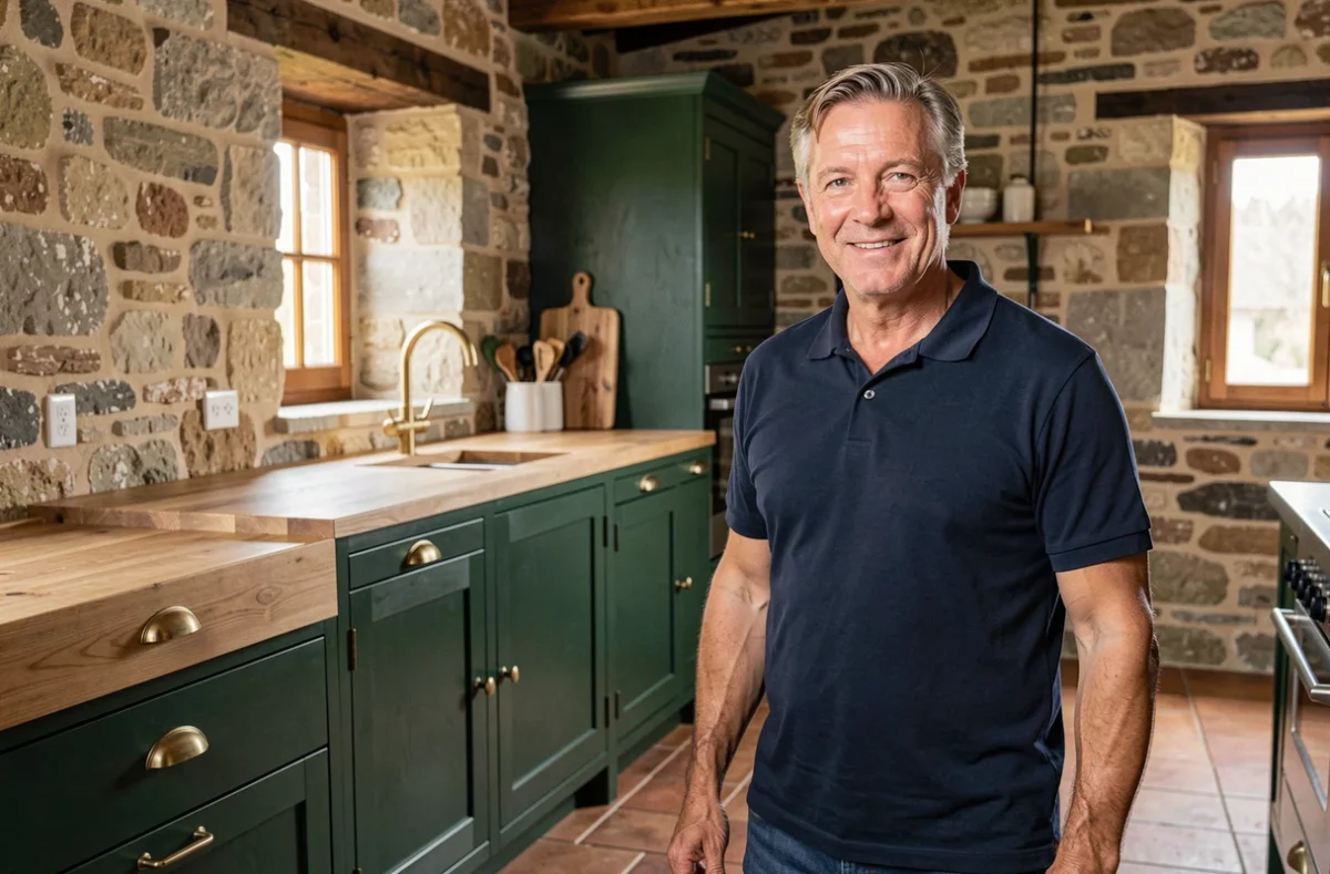 Michel Rouquette, cuisiniste artisan en Aveyron, posant devant une cuisine sur mesure en bois