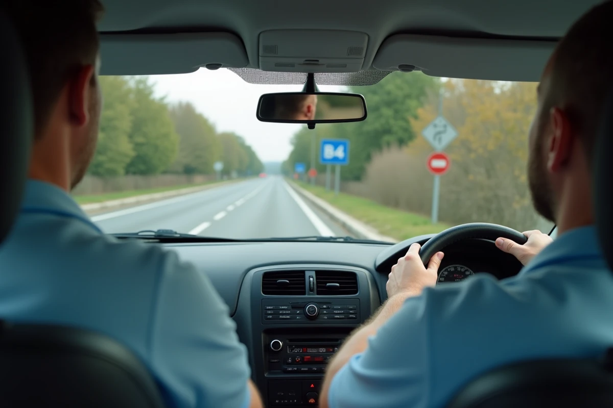 Moniteur d'auto-école expliquant la signification du panneau B34 à un élève conducteur