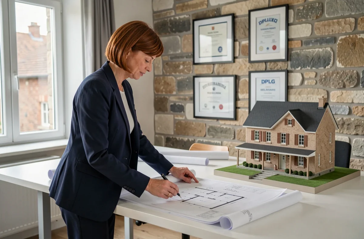 Nadège Tanguy, architecte DPLG, examinant des plans architecturaux dans son bureau moderne avec diplômes et maquette de maison bretonne
