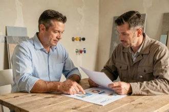 Un propriétaire et un artisan négocient un devis de travaux autour d'une table dans une cuisine en rénovation