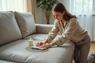 Femme nettoyant une tache tenace sur un canapé en cuir gris avec un produit nettoyant et un chiffon doux