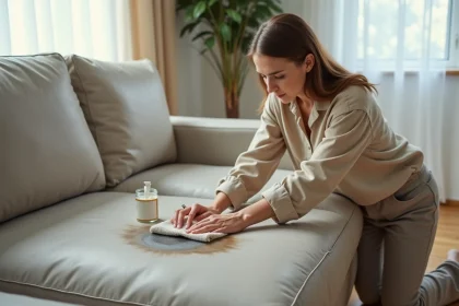 Femme nettoyant une tache tenace sur un canapé en cuir gris avec un produit nettoyant et un chiffon doux