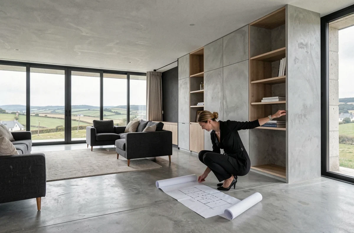 Projet d'architecture intérieure O K-RHE en Finistère avec espace ouvert minimaliste en béton ciré et grandes baies vitrées