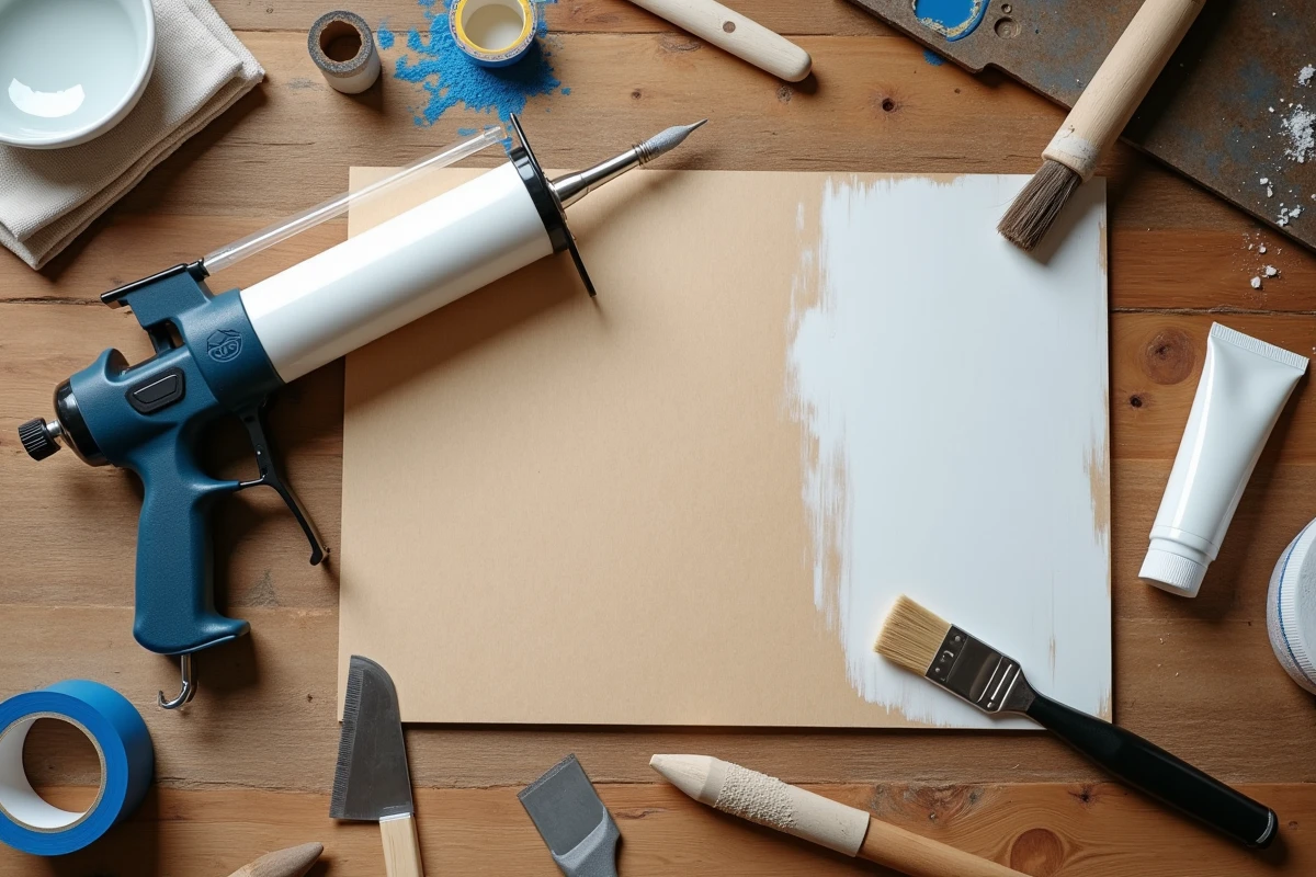 Vue du dessus des outils et matériaux nécessaires pour appliquer un joint acrylique avant peinture sur un établi de bricolage
