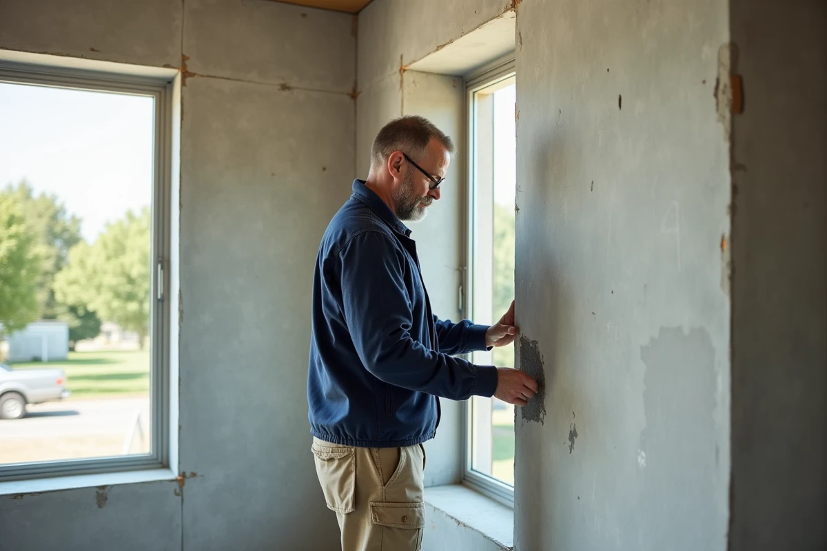 Ouvrier en tenue de chantier appliquant du mortier sur placo